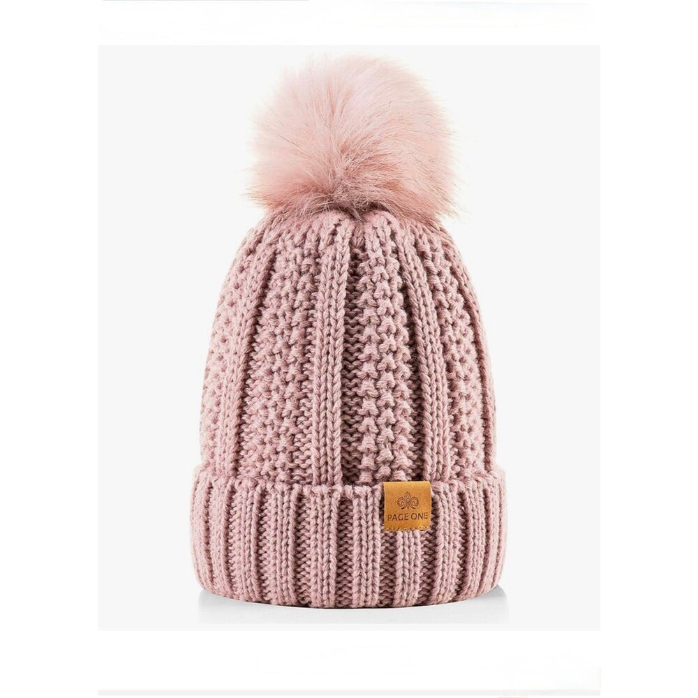 New, Womens Winter Cable Knit Beanie, Faux Fur Pom Hat, Fleece Lined, Dk Pink